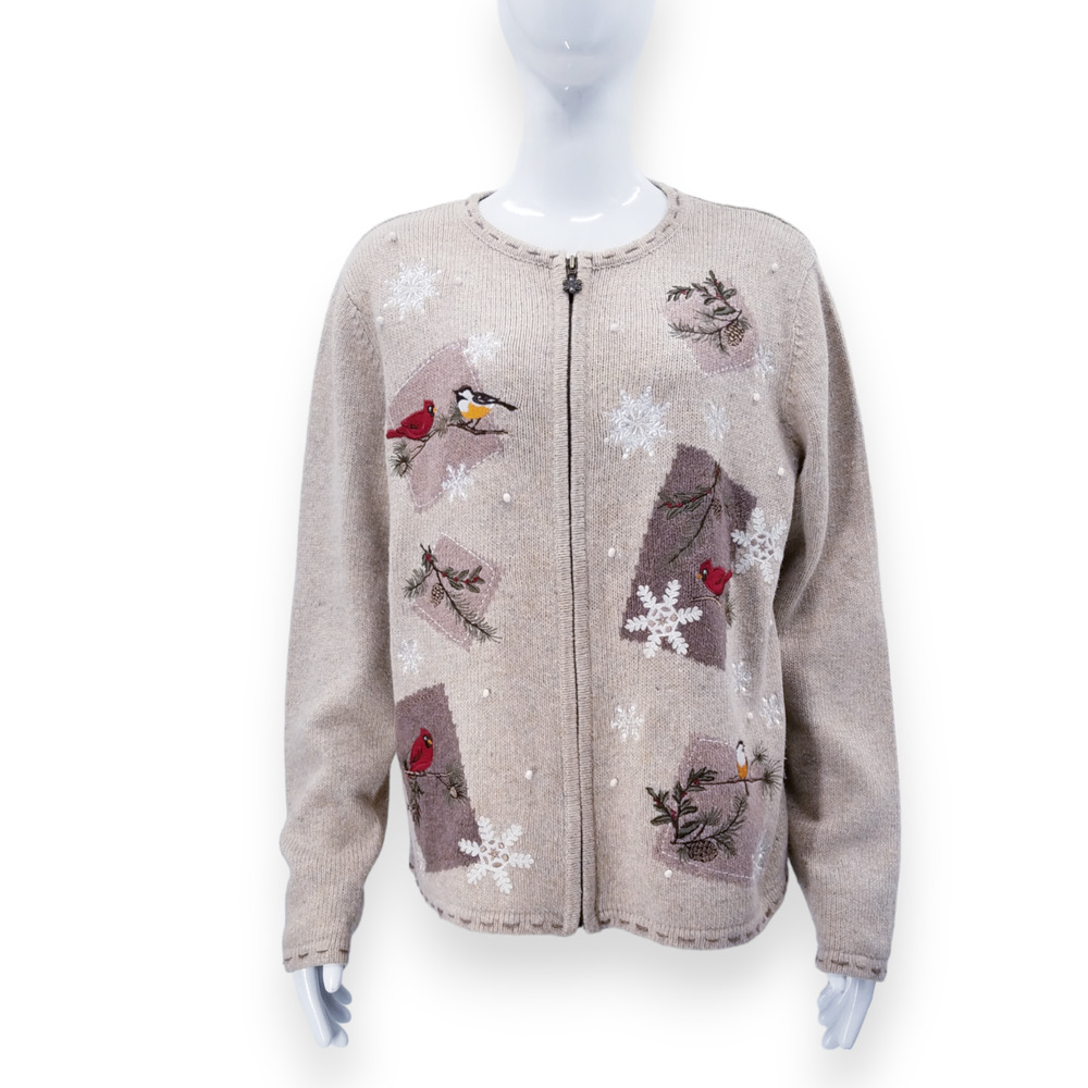 Croft & Barrow Winter Holiday Cardinal Birds Full Zip Cardigan Sweater Medium